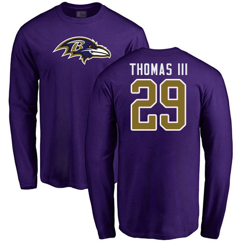 Men Baltimore Ravens Purple Earl Thomas III Name and Number Logo NFL Football 29 Long Sleeve T Shirt
